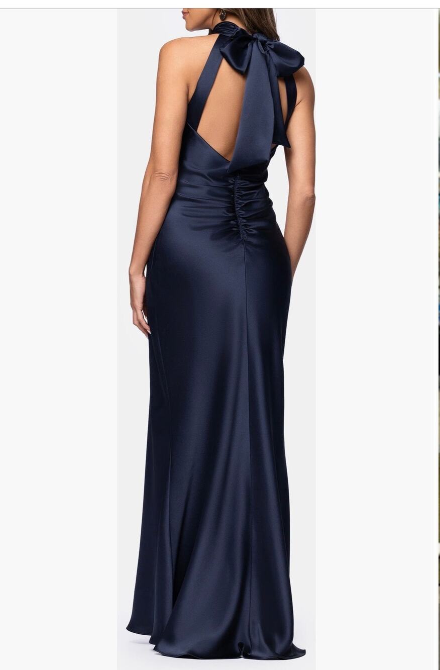 Xscape Evenings Navy Halter Neck Satin Sheath Gown Size 6 (NWOT)